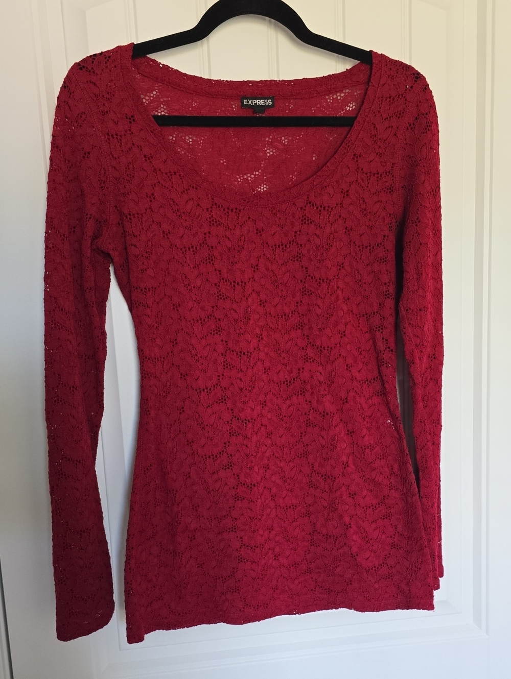 Express Red Lace Long Sleeve Scoop Neck Top